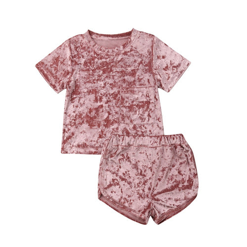 Girls Velvet T-Shirt & Shorts Set.